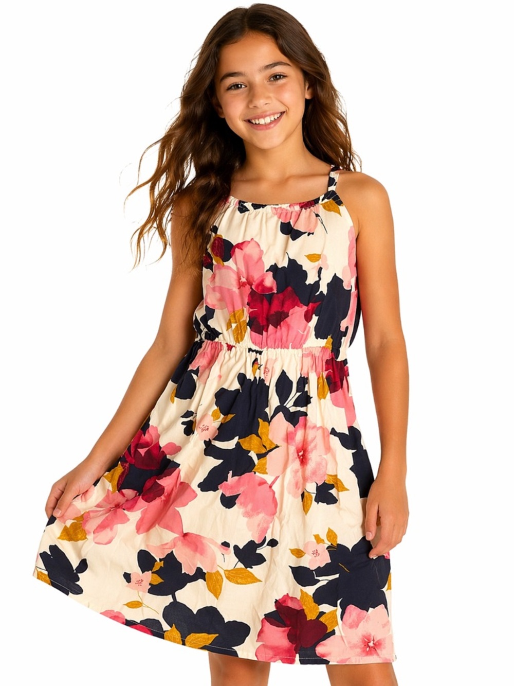 Old Navy Girls Floral Dress L 10-12 Cream Pink Navy Lightweight Summer